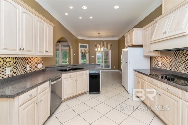 kitchen featuring light tile patterned floors, decorative light fixtures, dishwasher, kitchen peninsula, and sink