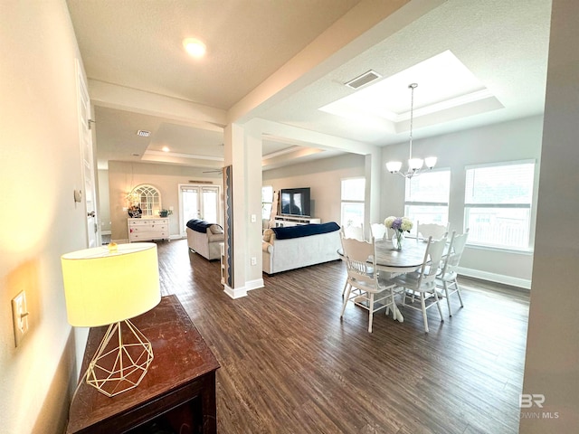 dining room featuring a wealth of natural light, dark wood-type flooring, and a raised ceiling