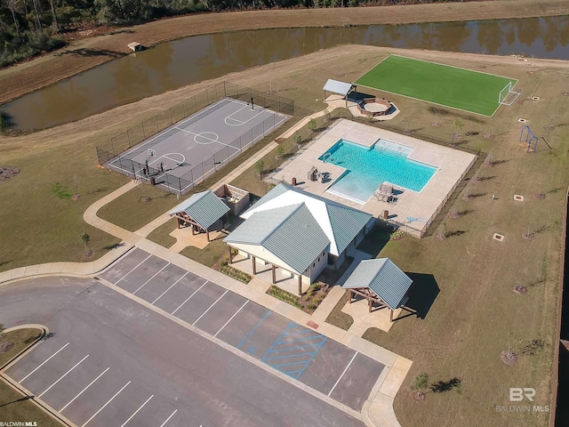 aerial view featuring a water view