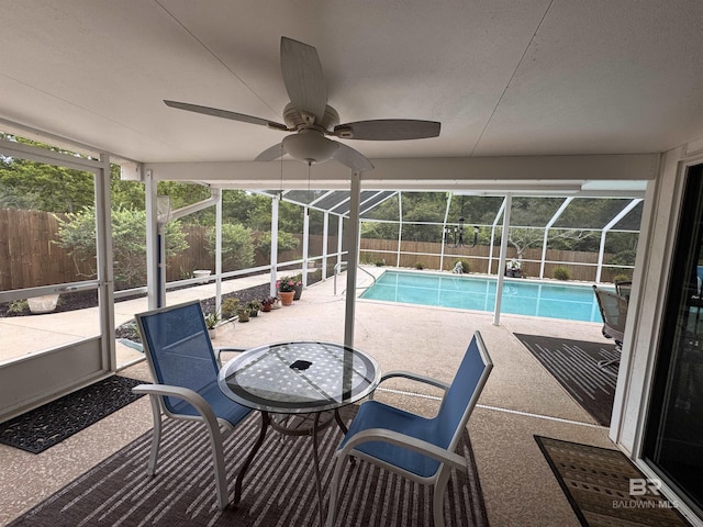 1052 Orlando Dr, Foley, AL 36535 - view of swimming pool featuring a patio area, a fenced backyard, glass enclosure, and ceiling fan