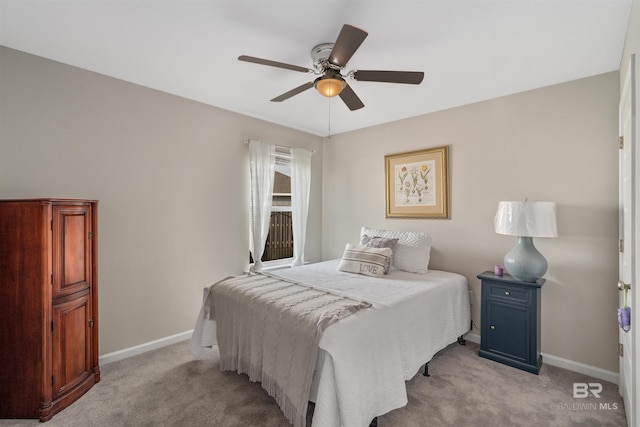 bedroom with light colored carpet and ceiling fan