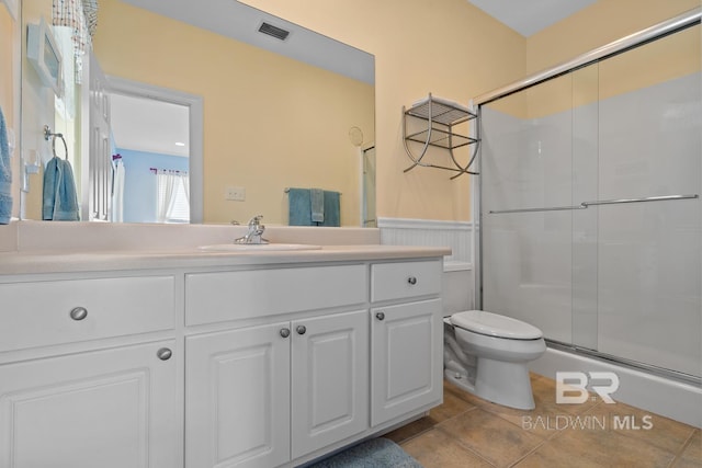 6065 Sawgrass Dr, Gulf Shores, AL 36542 - bathroom with a stall shower, visible vents, toilet, tile patterned flooring, and vanity