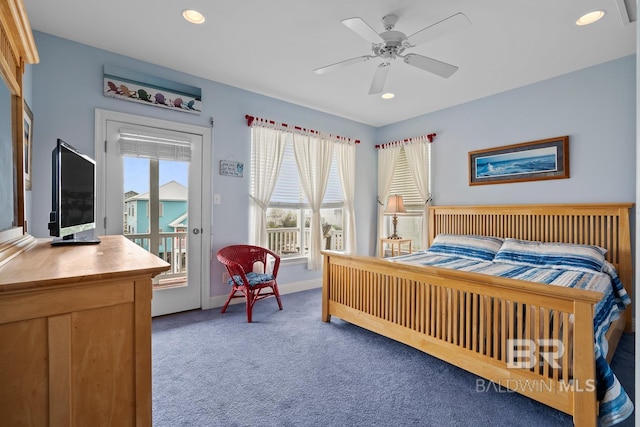 6065 Sawgrass Dr, Gulf Shores, AL 36542 - bedroom featuring ceiling fan, recessed lighting, baseboards, access to exterior, and dark carpet