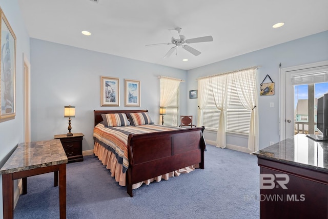 6065 Sawgrass Dr, Gulf Shores, AL 36542 - bedroom featuring baseboards, dark colored carpet, ceiling fan, and recessed lighting