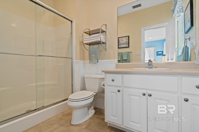 6065 Sawgrass Dr, Gulf Shores, AL 36542 - full bath with tile patterned flooring, toilet, visible vents, wainscoting, and a shower stall