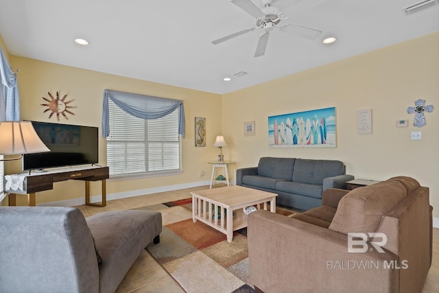 6065 Sawgrass Dr, Gulf Shores, AL 36542 - living room featuring a ceiling fan, recessed lighting, visible vents, and baseboards