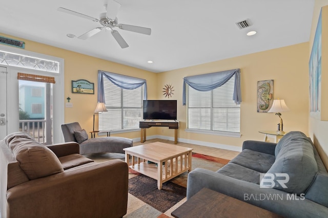 6065 Sawgrass Dr, Gulf Shores, AL 36542 - tiled living area with a ceiling fan, recessed lighting, visible vents, and baseboards