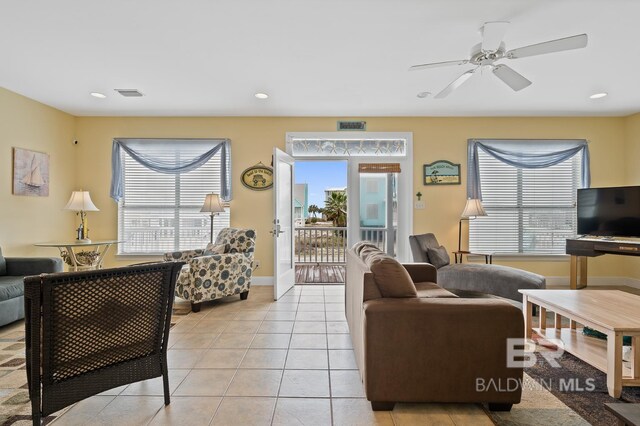 6065 Sawgrass Dr, Gulf Shores, AL 36542 - living area featuring recessed lighting, visible vents, ceiling fan, and light tile patterned flooring