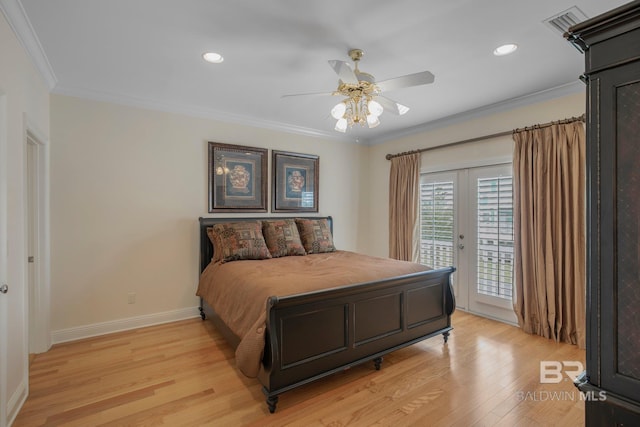 bedroom with french doors, access to exterior, ceiling fan, crown molding, and light wood-type flooring