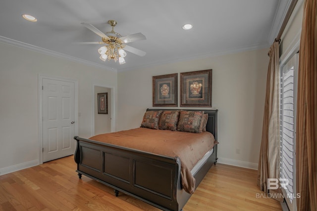 bedroom with ceiling fan, light wood-type flooring, and ornamental molding