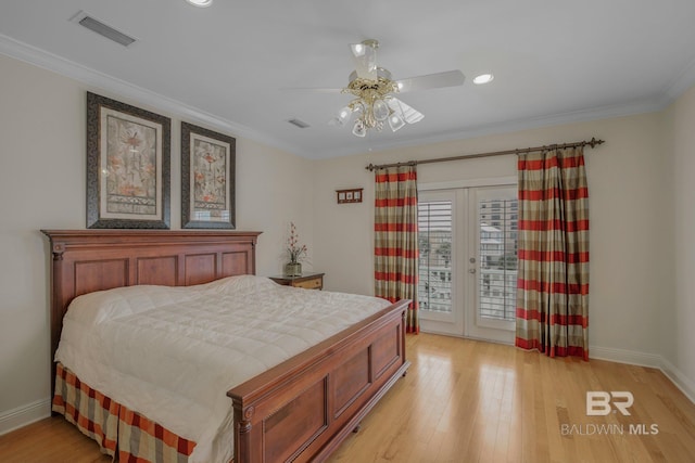 bedroom featuring french doors, access to outside, ornamental molding, ceiling fan, and light hardwood / wood-style flooring