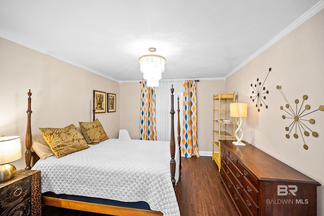 bedroom featuring an inviting chandelier, ornamental molding, and dark hardwood / wood-style flooring