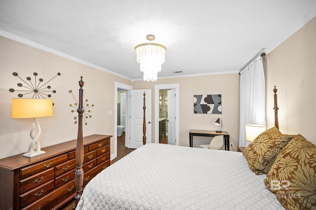 bedroom featuring crown molding, ensuite bath, dark hardwood / wood-style floors, and a chandelier