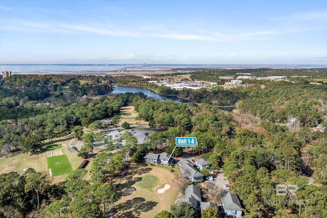 drone / aerial view with a water view