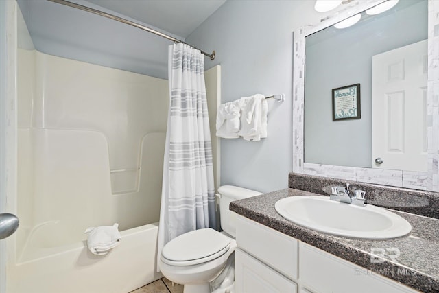 bathroom featuring tile patterned floors, vanity, toilet, and shower / tub combo with curtain