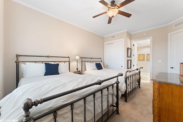 bedroom with light colored carpet, ceiling fan, and crown molding