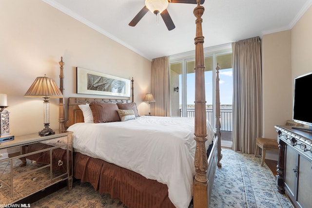 bedroom with ceiling fan, ornamental molding, and access to outside