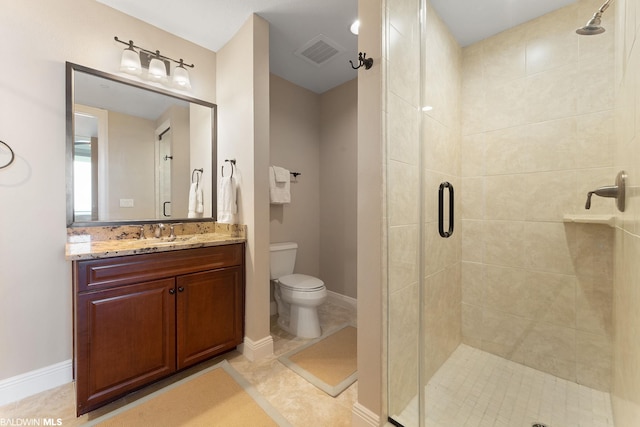 bathroom featuring toilet, tile flooring, walk in shower, and vanity