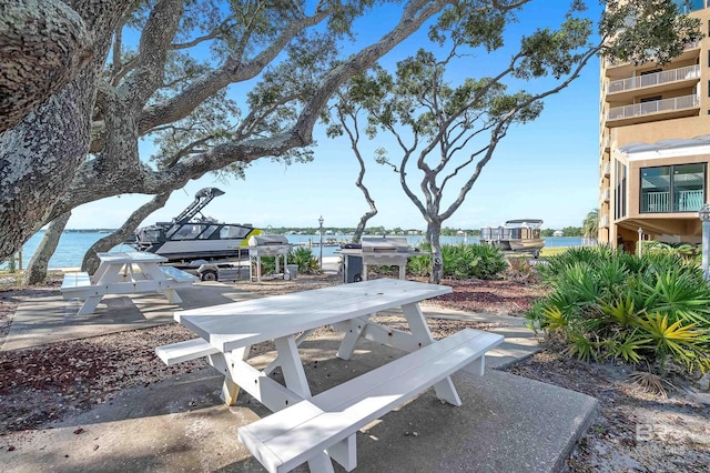 view of property's community featuring a boat dock and a water view