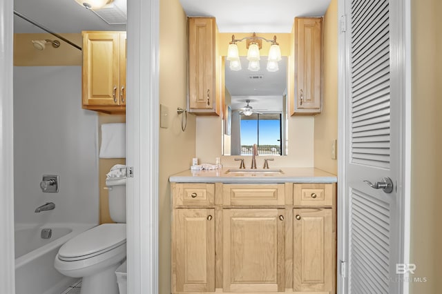 bathroom with ceiling fan, toilet, visible vents, vanity, and washtub / shower combination