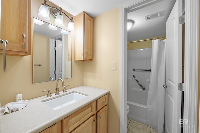 bathroom featuring visible vents, toilet, tile patterned flooring, shower / bath combination with curtain, and vanity