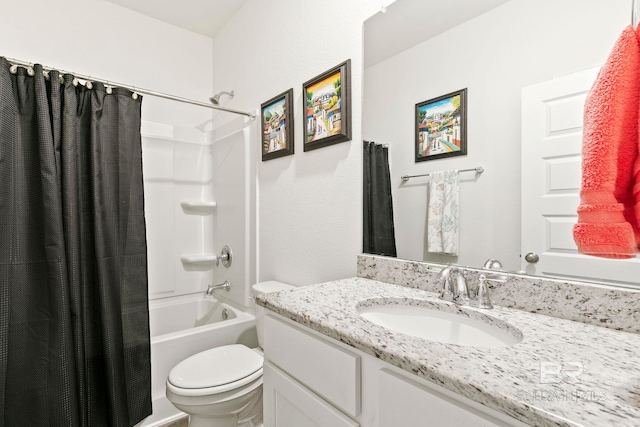 full bathroom featuring toilet, vanity, and shower / tub combo with curtain