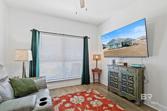 living room with ceiling fan and hardwood / wood-style floors