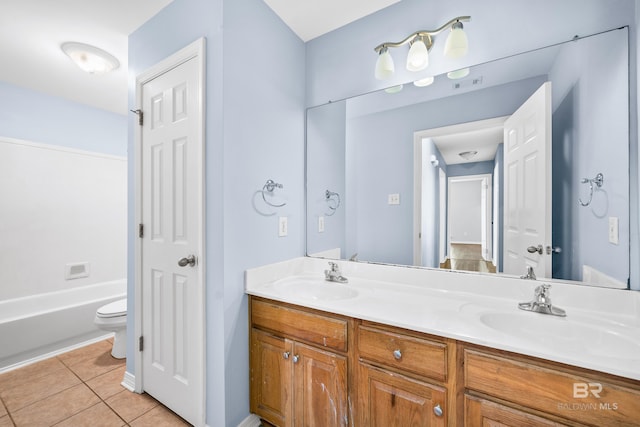 full bathroom with tile patterned floors, vanity, toilet, and bathtub / shower combination