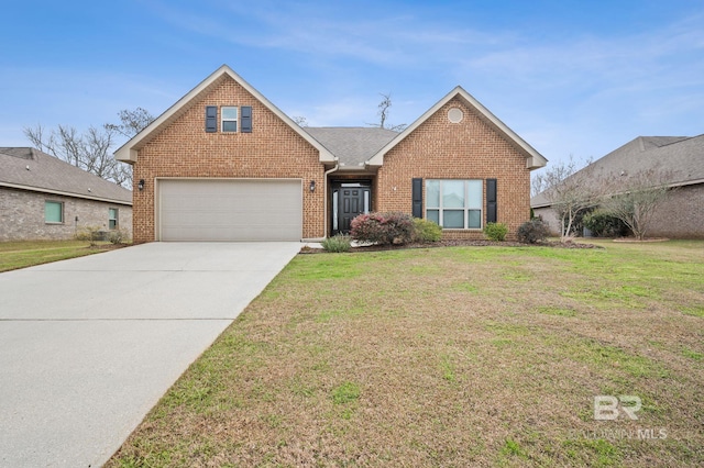 traditional home featuring driveway, roof with shingles, an attached garage, a front lawn, and brick siding