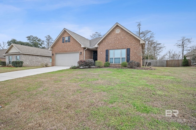 traditional-style home with a garage, brick siding, concrete driveway, fence, and a front yard