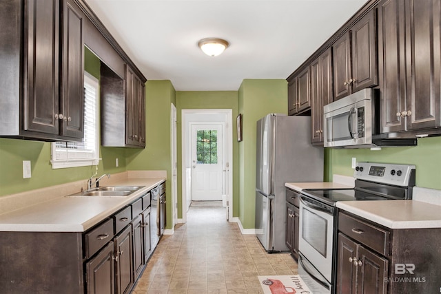 kitchen featuring dark brown cabinets, stainless steel appliances, and sink