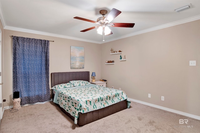 bedroom featuring carpet flooring, ceiling fan, and ornamental molding