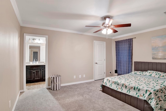 carpeted bedroom featuring crown molding, ceiling fan, and connected bathroom