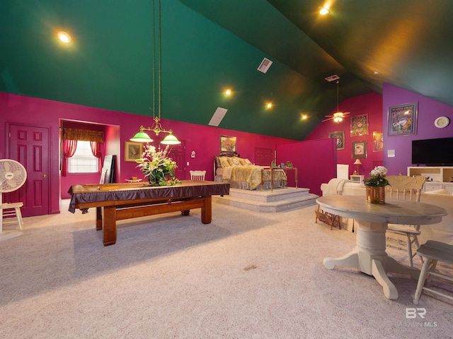 24235 County Road 87, Robertsdale, AL 36567 - game room with carpet floors, vaulted ceiling, billiards, and ceiling fan