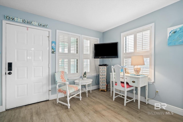 home office with plenty of natural light, a textured ceiling, and light hardwood / wood-style flooring