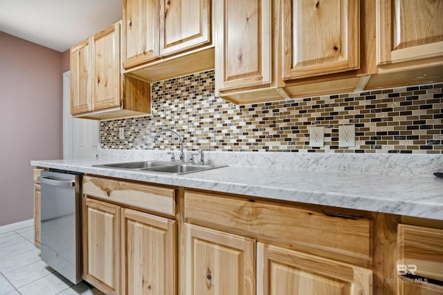 kitchen with decorative backsplash, sink, light brown cabinetry, and stainless steel dishwasher