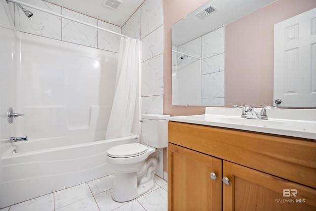 full bathroom with toilet, vanity, and shower / tub combo