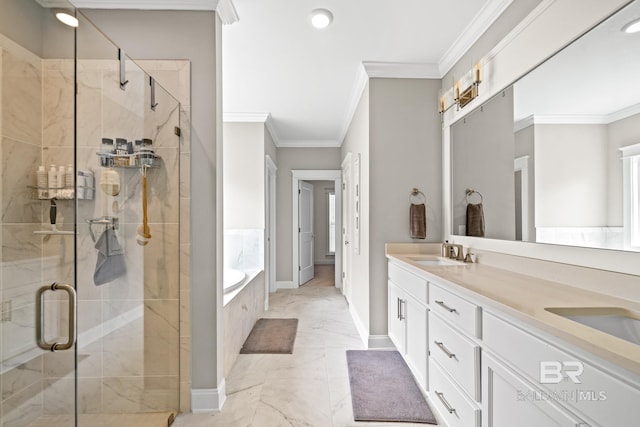 bathroom with ornamental molding, vanity, and plus walk in shower