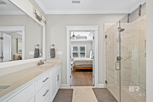 bathroom featuring crown molding, vanity, wood-type flooring, and walk in shower