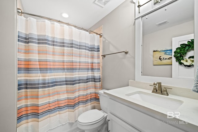 full bathroom with plus walk in shower, toilet, and vanity