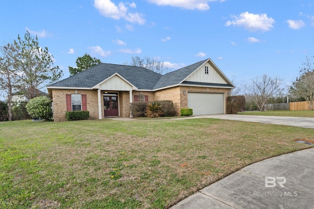 single story home with driveway, brick siding, a front lawn, and fence