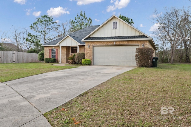 view of front of property featuring a garage, brick siding, concrete driveway, roof with shingles, and a front yard