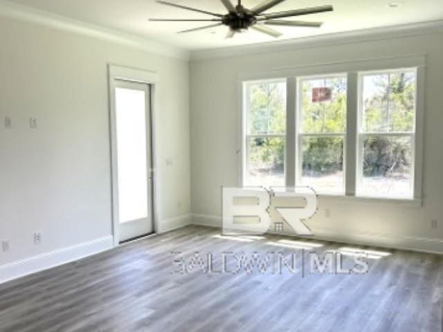1257 Dorado Way, Gulf Shores, AL 36542 - unfurnished living room with crown molding, baseboards, wood finished floors, and ceiling fan