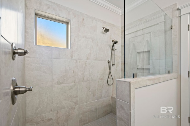 bathroom featuring ornamental molding and a walk in shower