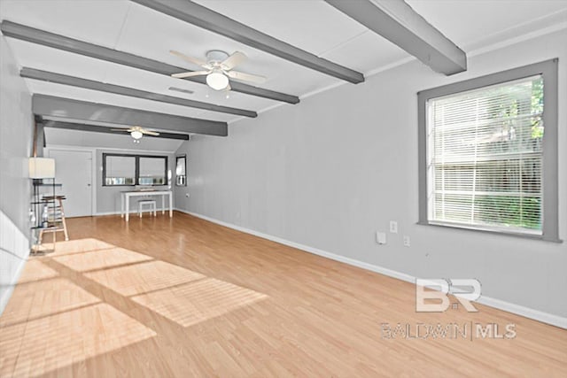 4918 Quimby Dr, Mobile, AL 36619 - unfurnished living room with beamed ceiling, wood finished floors, ceiling fan, and baseboards