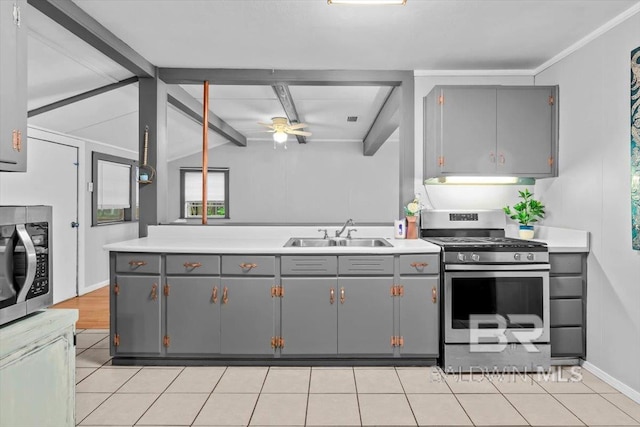 4918 Quimby Dr, Mobile, AL 36619 - kitchen featuring stainless steel appliances, gray cabinetry, a sink, ceiling fan, and light countertops