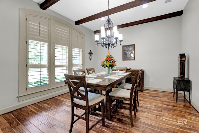 917 Rockaway Creek Rd, Atmore, AL 36502 - dining room with beamed ceiling, baseboards, recessed lighting, light wood finished floors, and a notable chandelier