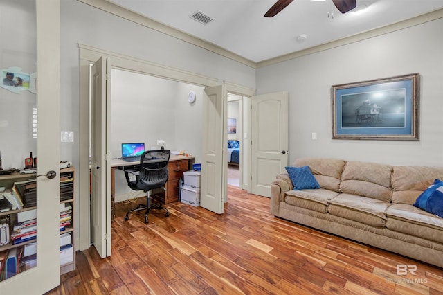 917 Rockaway Creek Rd, Atmore, AL 36502 - office space with visible vents, wood finished floors, ceiling fan, and ornamental molding