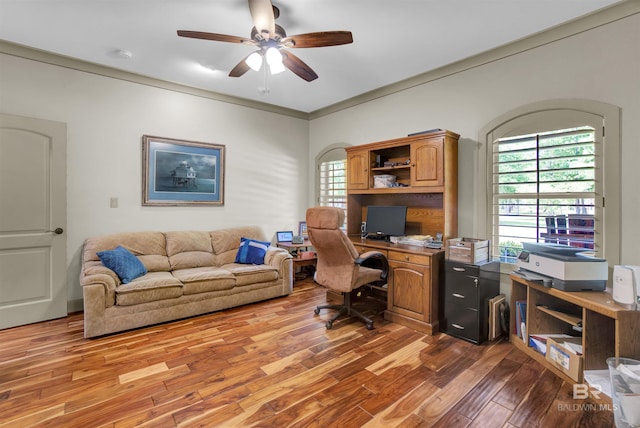 917 Rockaway Creek Rd, Atmore, AL 36502 - office area with wood finished floors, a ceiling fan, crown molding, and plenty of natural light
