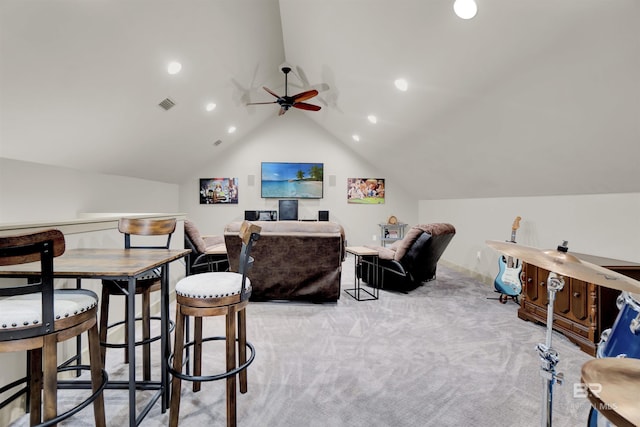 917 Rockaway Creek Rd, Atmore, AL 36502 - interior space featuring recessed lighting, vaulted ceiling, light carpet, visible vents, and a ceiling fan